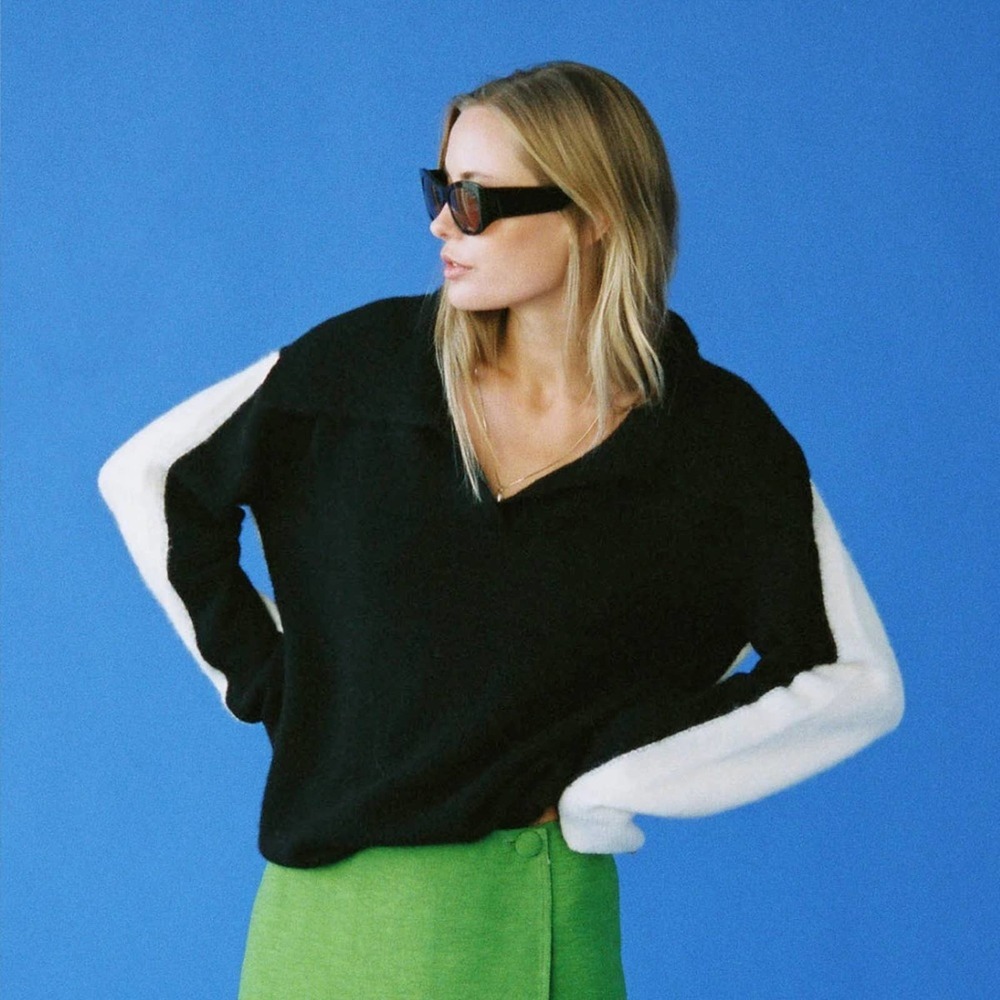 Ciao Lucia Black V-Neck Sweater with White Sleeve Accents